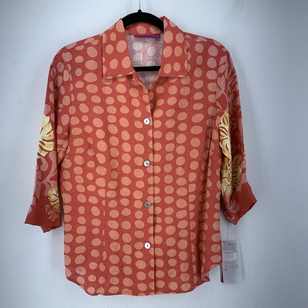 Ivy Womens Medium Button Up‎ Shirt Linen USA Beach Coastal 90’s Y2K Artsy NEW